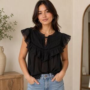 Ulla Johnson Sleeveless Blouse Top Ruffled Lace Trim Flutter Sleeve Black Size 8